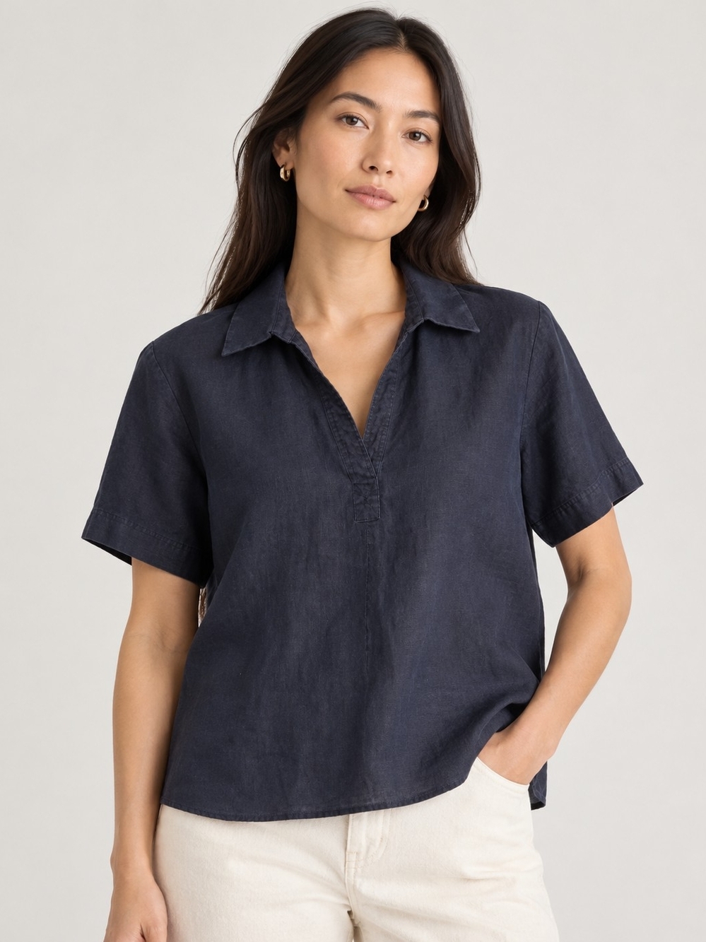 Quince Navy Short-Sleeve Linen Button-Down Shirt